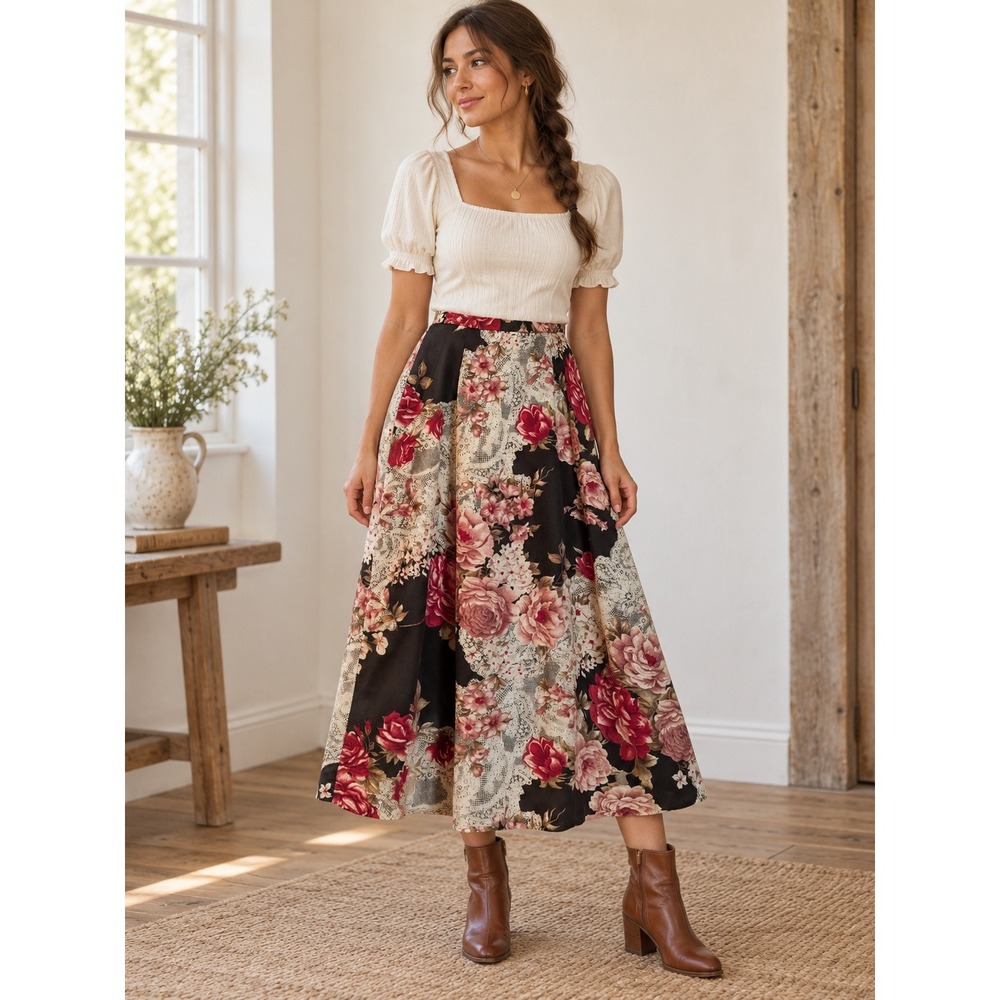 Boho Cottagecore Whimsigoth Patchwork Y2K 90s Pink Black Floral 10 Midi Skirt
